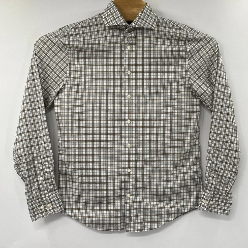 Johnnie-O Prep-Performance Shirt Mens Small Brown Grey Plaid Stretch Button Down - Picture 2 of 5
